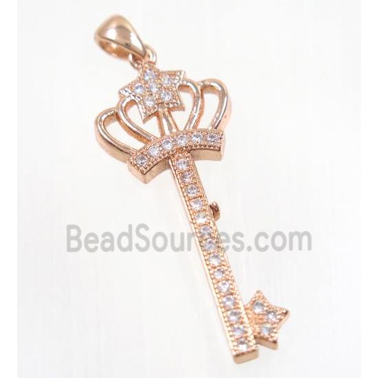 copper crown key pendant pave zircon, rose gold