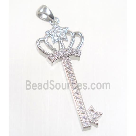 copper crown key pendant pave zircon, platinum plated