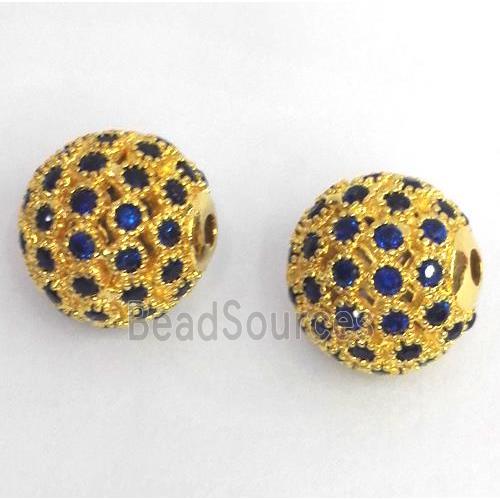 copper bead paved zircon, round, gold plated