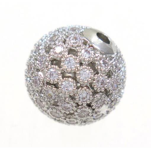 copper bead paved zircon, round, platinum plated