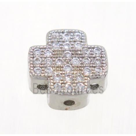 copper cross beads paved zircon, platinum color