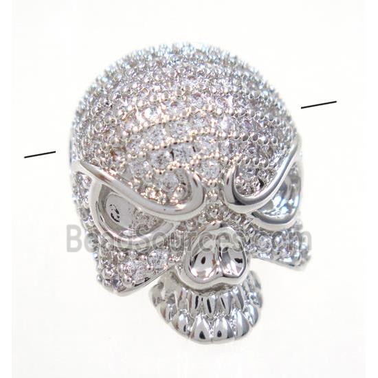 copper skull beads paved zircon, platinum plated