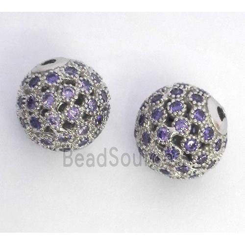 copper bead paved zircon, round, platinum plated