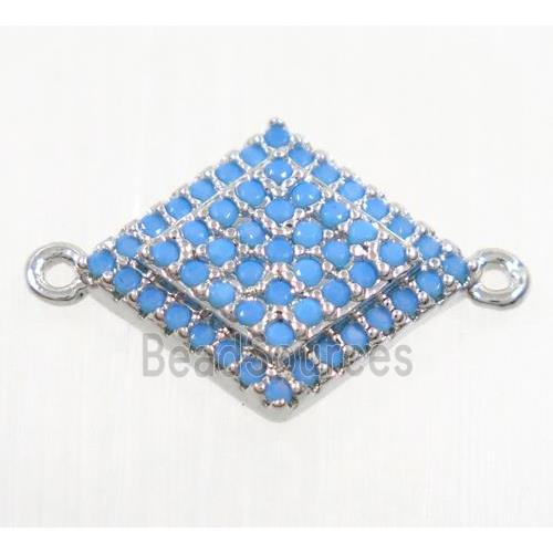 copper rhombic connector paved zircon, platinum plated, turq