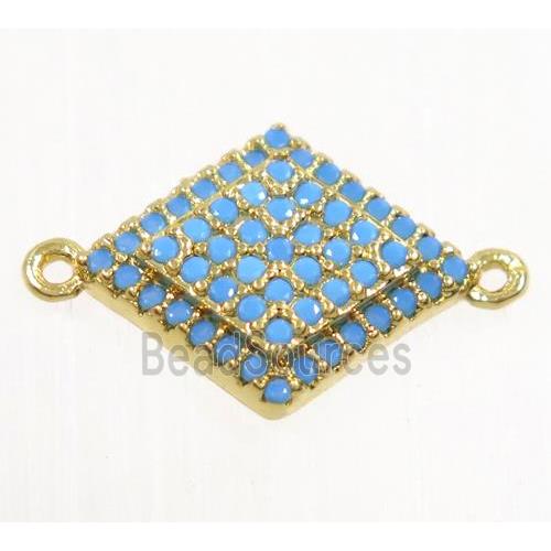 copper rhombic connector paved zircon, gold plated, turq