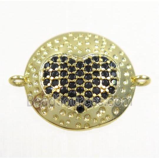 copper button heart connector paved zircon, gold plated