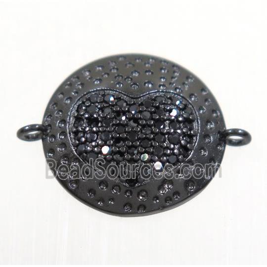 copper button heart connector paved zircon, black plated