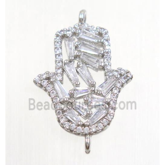 copper Hamsahand connector paved zircon, platinum plated