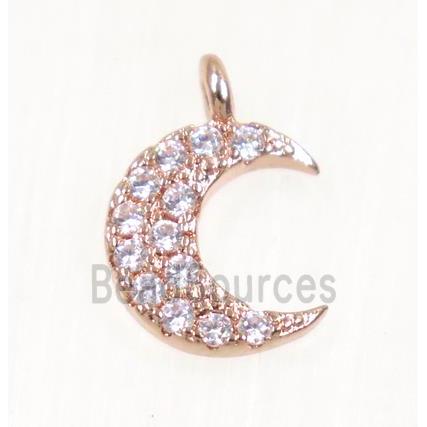 copper Crescent moon pendant paved zircon, rose gold