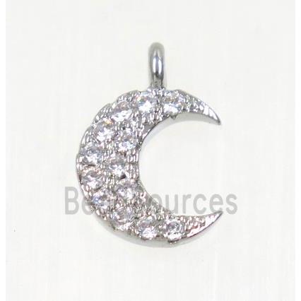 copper Crescent moon pendant paved zircon, platinum plated