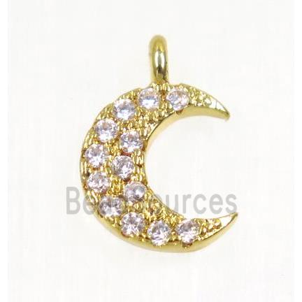 copper Crescent moon pendant paved zircon, gold plated