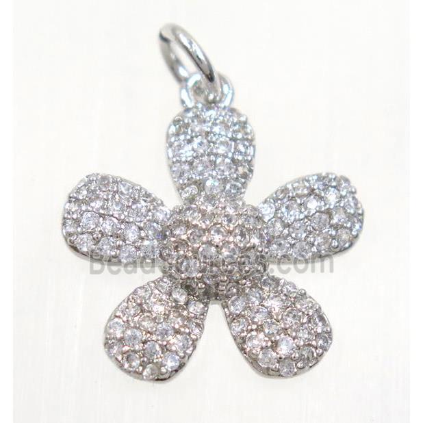 copper Flower pendant paved zircon, platinum plated