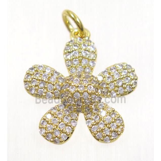 copper Flower pendant paved zircon, gold plated