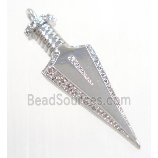 copper Arrowhead pendant paved zircon, platinum plated