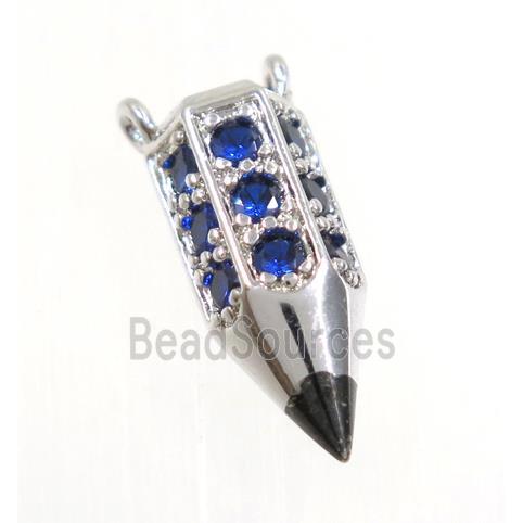 copper Arrowhead pendant paved blue zircon with 2loops, platinum plated