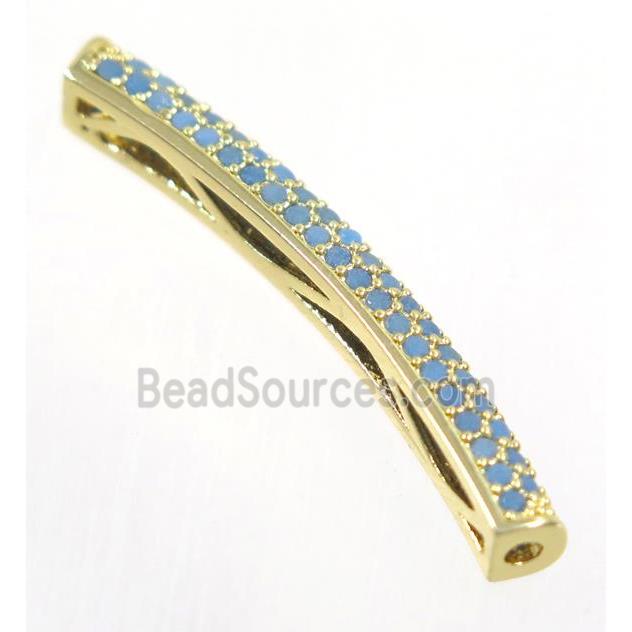 curving copper tube beads paved zircon, gold plated, turq