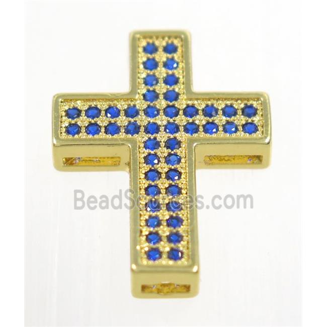 copper Cross beads paved blue zircon, gold plated