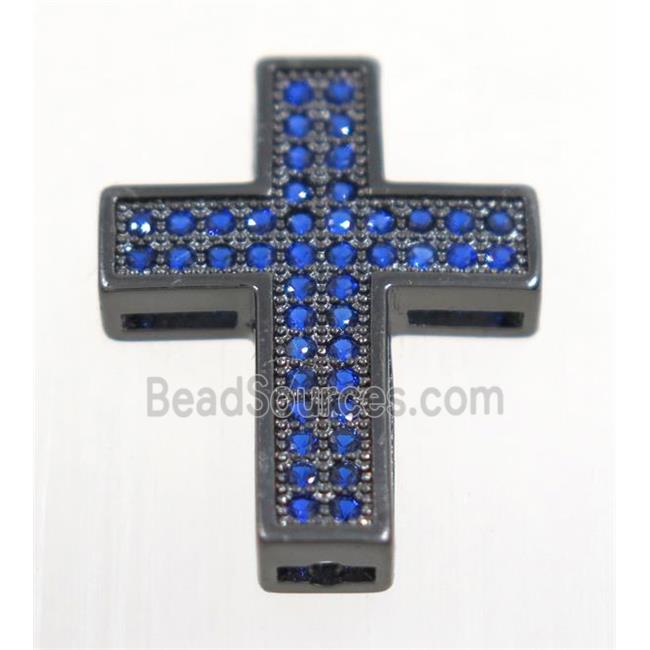 copper Cross beads paved blue zircon, black plated