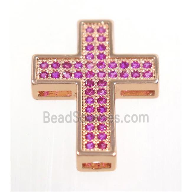 copper Cross beads paved hotpink zircon, rose gold