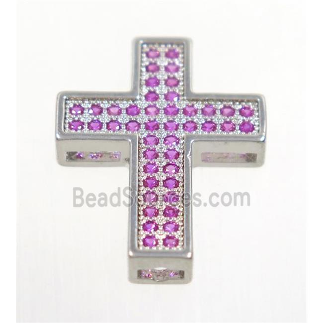 copper Cross beads paved hotpink zircon, platinum plated