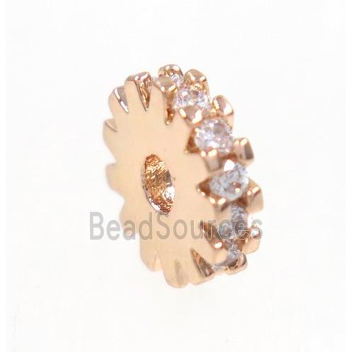 copper rondelle beads paved zircon, rose gold