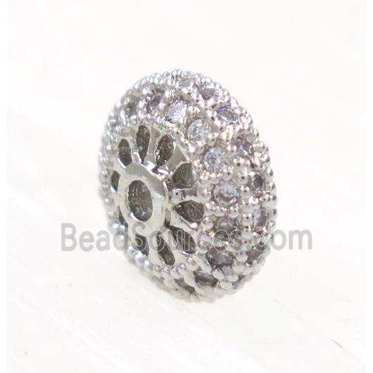 copper rondelle beads paved zircon, platinum plated