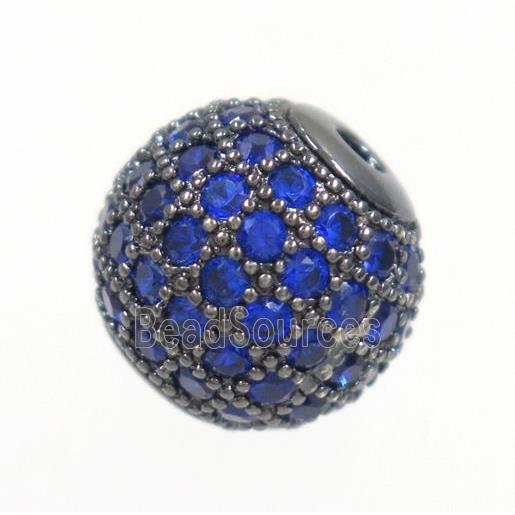 round copper beads paved blue zircon, black plated