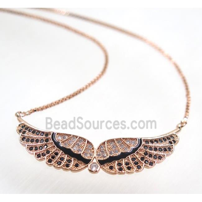 copper angel wing necklace pave zircon, rose gold