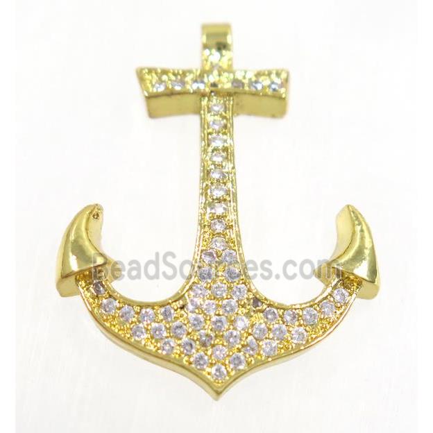 copper anchor pendant paved zircon, gold plated