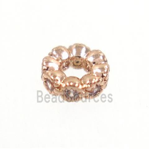 copper rondelle beads paved zircon, rose gold