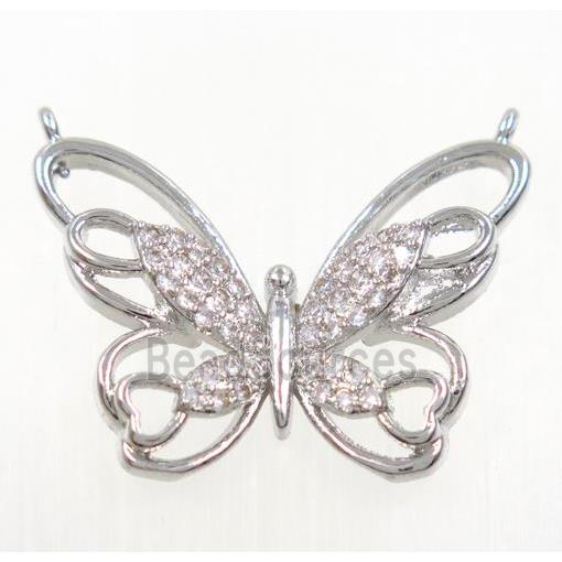 copper butterfly pendant paved zircon with 2loops, platinum plated