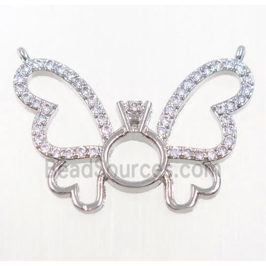 copper butterfly pendant paved zircon with 2loops, platinum plated