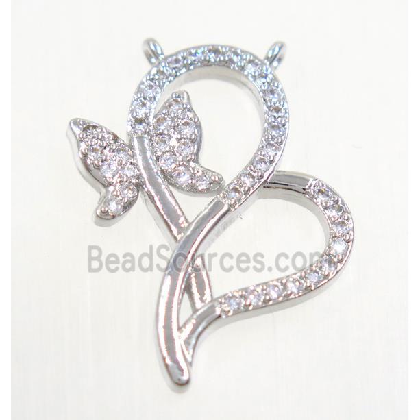 copper pendant paved zircon with butterfly, platinum plated