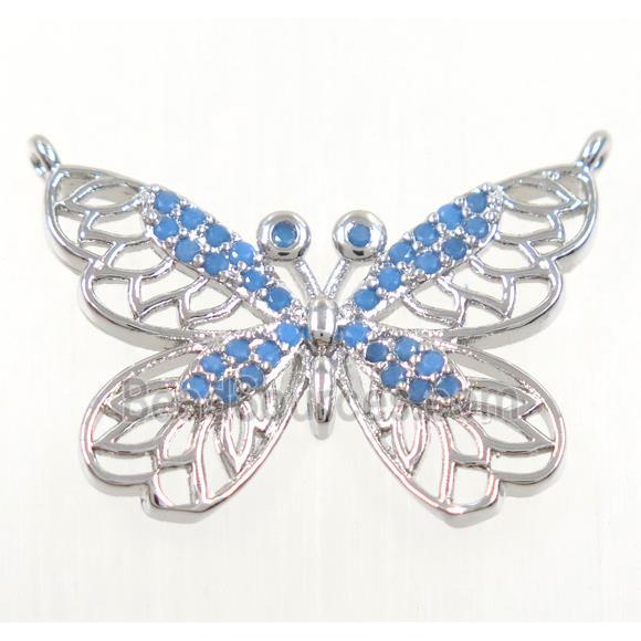 copper butterfly pendant paved zircon with 2loops, platinum plated