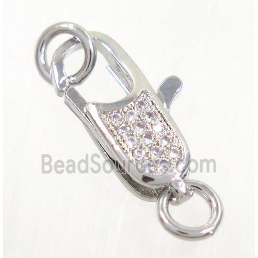 copper clasp pave zircon, platinum plated