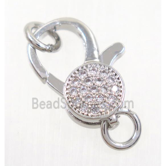 copper Lobster Clasp pave zircon, platinum plated