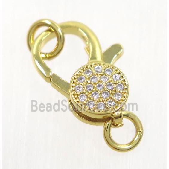 copper Lobster Clasp pave zircon, gold plated