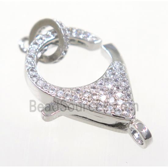 copper Lobster Clasp pave zircon, platinum plated