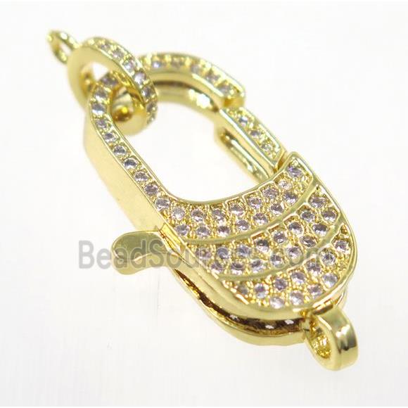 copper Lobster Clasp pave zircon, gold plated