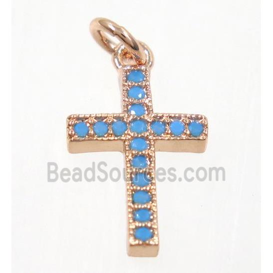 copper cross pendant paved zircon, rose gold, turq