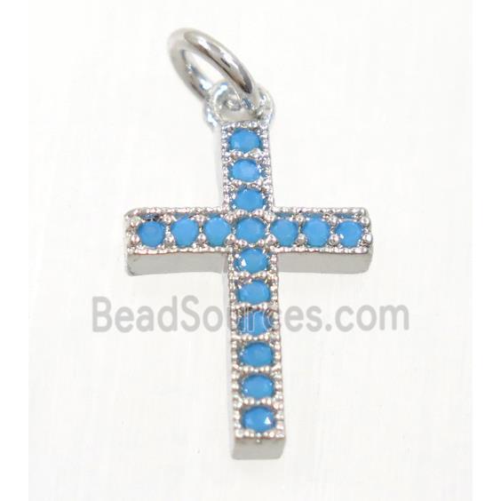 copper cross pendant paved zircon, platinum plated, turq