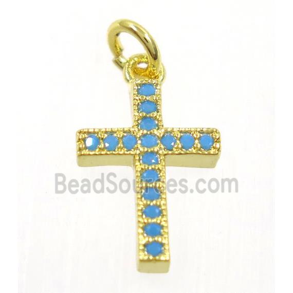 copper cross pendant paved zircon, gold plated, turq