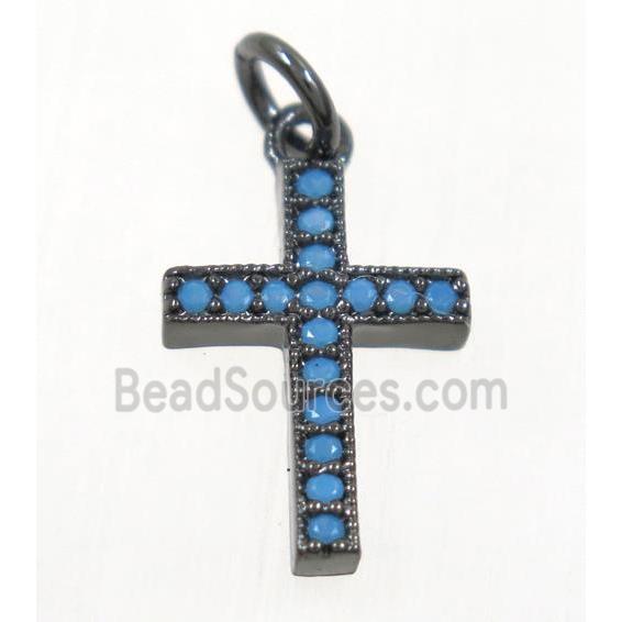 copper cross pendant paved zircon, black plated, turq