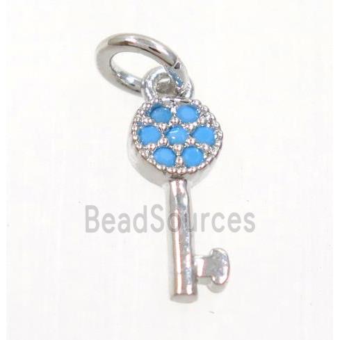 copper Key pendant paved zircon, platinum plated, turq