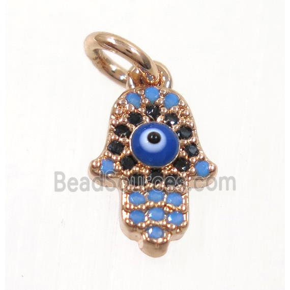 copper Hamsahand pendant paved zircon with evil eye, rose gold