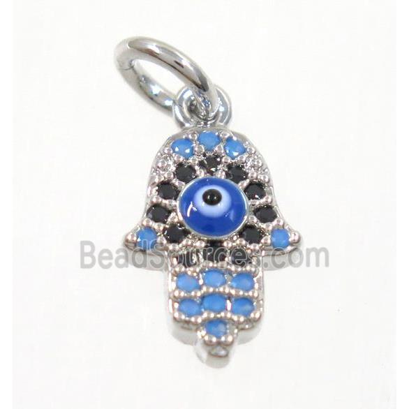 copper Hamsahand pendant paved zircon with evil eye, platinum plated