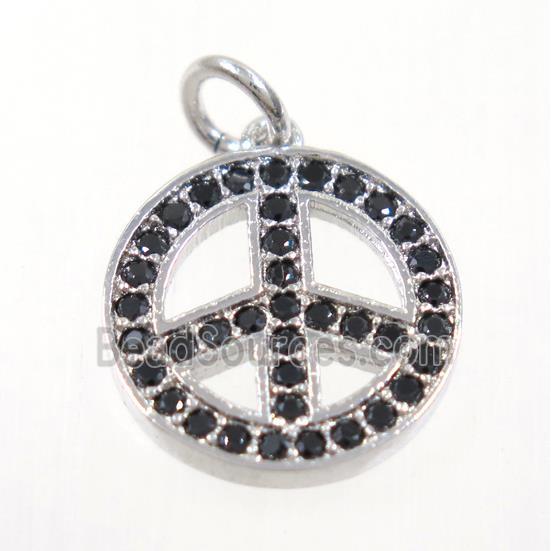 copper Peace Sign pendant paved zircon, platinum plated