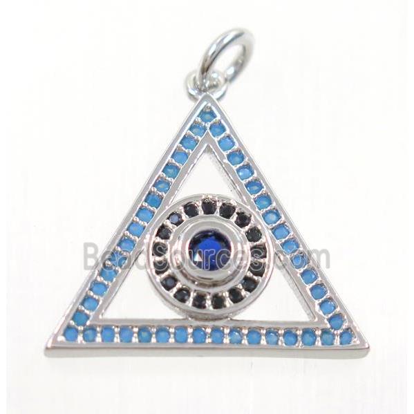 copper Triangle pendant paved zircon with evil eye, platinum plated