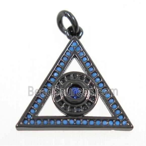 copper Triangle pendant paved zircon with evil eye, black plated