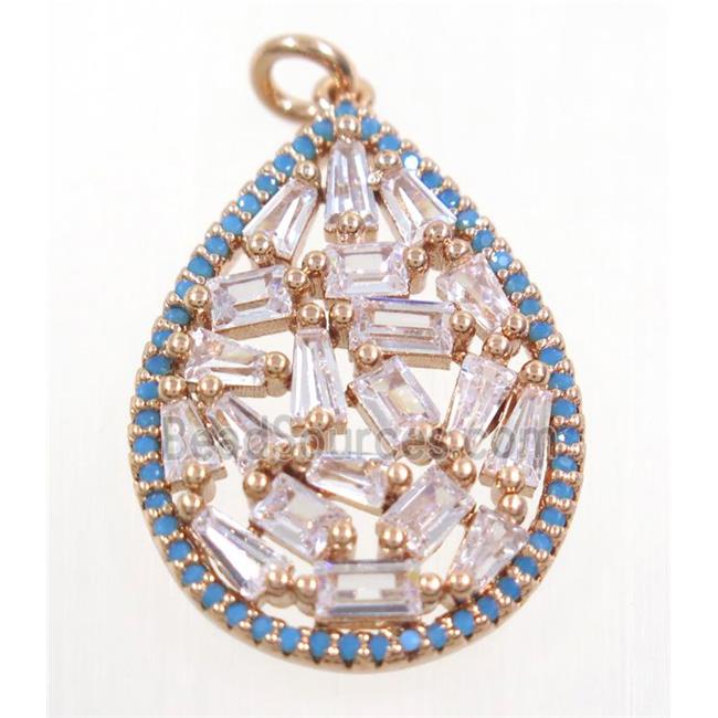 copper teardrop pendant paved zircon, rose gold